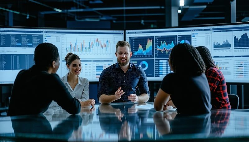Team collaborating around digital workflow dashboard